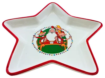 Produktbild von Weihnachtsmann & Co. KG XXLTeller, Dekoschale, Dekoteller, Snackschale, Keksteller, Schüssel, Gebäckteller, Weihnachtsteller aus Keramik, sternförmig, in creme und rot, Größe L/B/H ca. 26 x 26 x 3 cm.