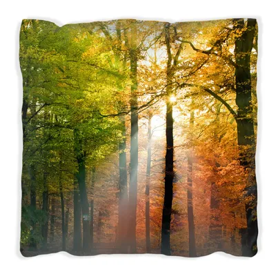 Produktbild von Wallario Premium Kissen, weiche Oberfläche, mit Motiv Sonnenuntergang im Herbstwald, Größe: 30 x 30 cm, mit weißer Rückseite