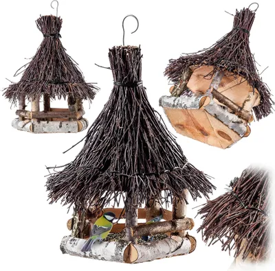 A collage of three bird feeders, one with a bird on it, against a white background.