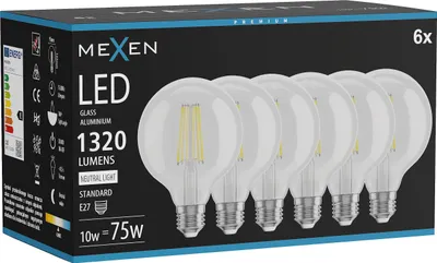 Zdjęcie produktu dla Mexen Vintis 6x żarówka filament LED E27, G95, 10W, Neutralna - 4000K, 1320 lm, clear - L157-E27-1040-00x06