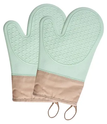 Immagine prodotto di 2 guanti da forno in silicone, resistenti al calore, antiscivolo, con fodera in cotone, fino a 230°C