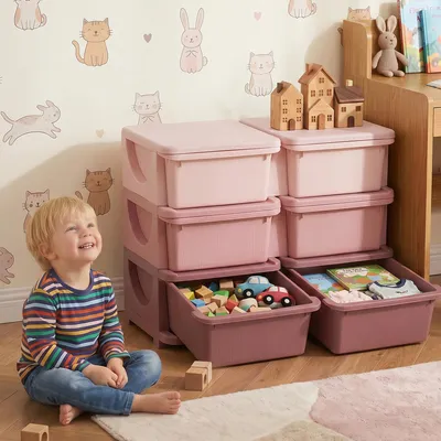 Produktbild von Kinder Aufbewahrungsbox mit Sitzfläche, 3 Schubladen, Kinderzimmer Organizer, Kunststoff, Rosa | 75 x 37 x 56,5 cm | bis 10 kg | abgerundete Kanten