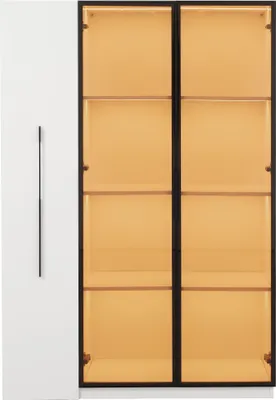 Produktbild von Merax Glasvitrine mit LED, Drei Türen, Auszugsschrank mit Regal, Vitrine Vitrinenschrank, Hochschrank, Bücherregal, 110.5x35x160cm, Weiß