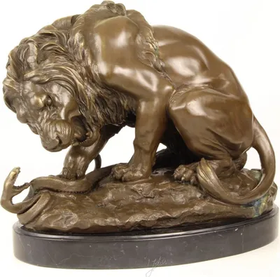 Obrázok produktu pre Casa Padrino luxusná bronzová socha lev s hadom na mramorovom podstavci bronz / zlato / čierna 41 x v. 35 cm - Luxusná bronzová figúra