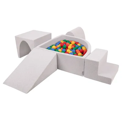 Immagine prodotto di Parco giochi in schiuma KiddyMoon con piscina a quarto di cerchio con palline (200 palline) percorso ad ostacoli, grigio chiaro:giallo/verde/blu/rosso/arancio