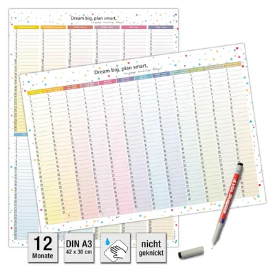 Produktbild von A3 Geburtstagskalender jahresunabhängig & abwischbar –  Inkl. Wasserlöslicher Markenstift - Geburtstagskalender immerwährend - Beidseitig Bedruckt Hochformat/Querformat – Flach Ungeknickt Versendet - Buntes Dot Design