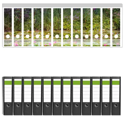 Produktbild von Wallario 12 Stück breite Ordner inkl. Klebeetiketten mit Motive Blühender Seerosenteppich -  Set mit Rückenschildern / Ordnerrücken Stickern