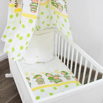 Produktbild von Alvi Baby Komplettset: Bettwäsche 80x80 + 35x40 | Nestchen 240 cm | Baldachin | Weiß | Teddybären im Pyjama