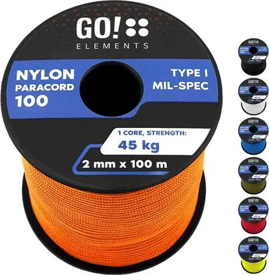 Obrázok produktu pre GO!elements 100 m paracord 2 mm lano z odolnej nylonovej šnúry – Paracord 100 typ I survival šnúra – odolnosť proti pretrhnutiu do 45 kg – vhodné ako univerzálne lano, šnúra, šnúrka, murárska šnúra, farba: oranžová