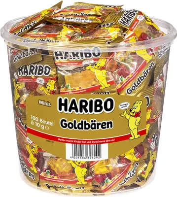 Produktbild von Haribo Zlatí medvedíci 100 mini vrecúšok v praktickej plechovke 980g