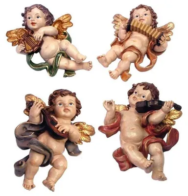 4 Engel mit Wandaufhängung, 25 cm, mehrfarbig, Harz