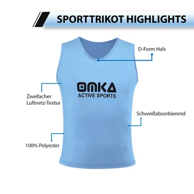 Das OMKA 6er-Sets Sportmittelblauer Bib ist ein komfortables, atmungsaktives Sporttrikot aus Mesh, ideal für Teamtraining oder individuelle Bedruckung. Online kaufen.