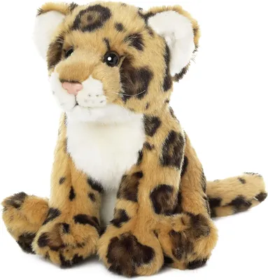 A plush toy jaguar is sitting on a white background.