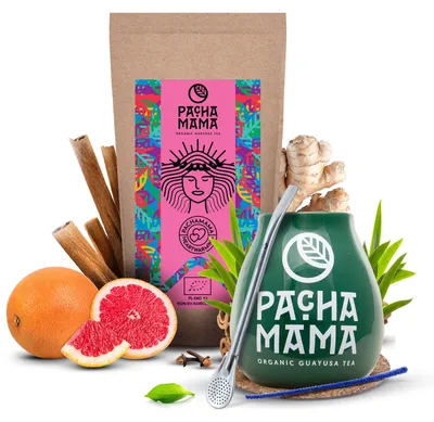 Produktbild von Pachamama - Guayusa Tee Set Heartwarming 100g - Grün Mate Becher 350ml - Hoher Koffeingehalt - Luftgetrocknet, Mild - Mit Bombilla