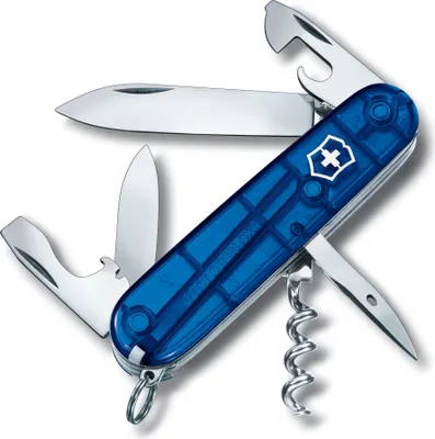 A close-up studio shot of a blue transparent Victorinox Swiss Army knife with several tools extended.