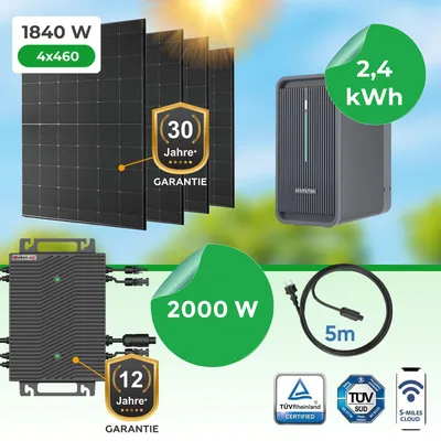 Produktbild von Balkonkraftwerk 1840 Watt mit Paket.ag HSEU-2000 Watt Wechselrichter und Marstek 2,24 kWh Speicher – Maximale Energieunabhängigkeit für Ihr Zuhause!