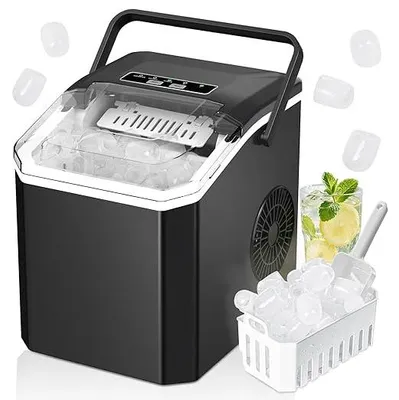 Productafbeelding van IJsblokjesmachine, ijsblokjesmaker: produceert 9 ijsblokjes in 6-8 minuten, met 2 verschillende maten ijsblokjes, een capaciteit van 12 kg per 24 uur. Zelfreinigende ijsblokjesmachine met handvat, geschikt voor keuken, kantoor, bar en feestjes (zwart)
