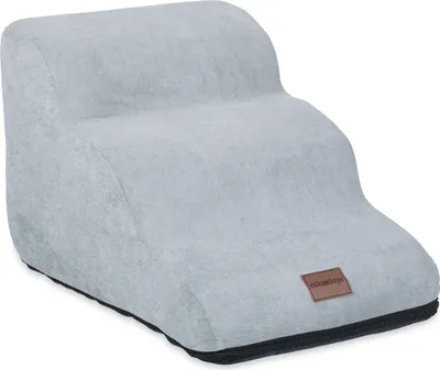 A light gray, three-step pet stair is shown against a white background.