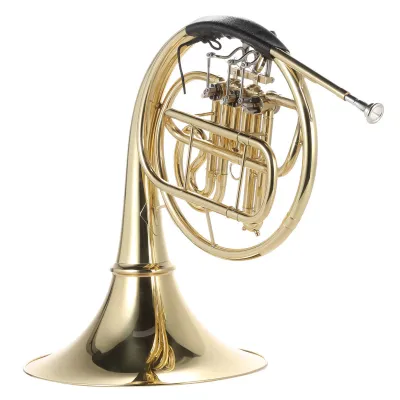 Produktbild von Bb-Einzelhorn, 3-Klappen-Messing-Goldlack, einreihiges, geteiltes Waldhorn-Blasinstrument, mit Tragetasche für Mundstück aus Kupfernickel