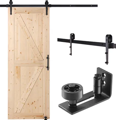 Image de SucceBuy Porte de grange et kit de quincaillerie, grande porte coulissante en bois de 76,2 x 213,4 cm, fonctionnement souple et silencieux, guide inférieur 8 en 1 et poignée inclus, panneau en épicéa, facile à utiliser