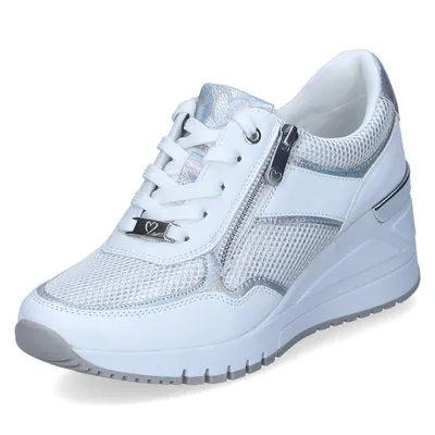A single white and silver women's sneaker with a wedge heel is shown against a white background.