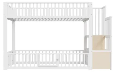 Produktbild von Merax Etagenbett 90x200 cm, Kinderbett mit Stauraumleiter, LED-Beleuchtung, Schutzgittern, niedrige Bauhöhe, Jugendbett, Stockbett, Weiß