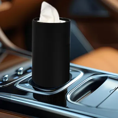 Produktbild von Zylindrische Taschentuchbox fürs Auto, Taschentuchboxhalter aus Leder – für den Fahrzeuginnenraum (schwarz)