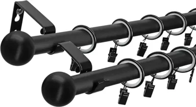 Produktbild von LOFT 360 cm 2-läufige Gardinenstange Schwarz 19 mm aus Metall mit Endstück Ball Komplettset mit Ringen und Clips Inklusive Montagezubehörset