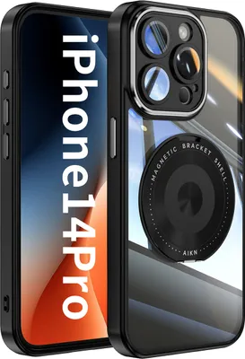 Produktbild von Handyhülle für iPhone 14 Pro Transparent Militärschutz mit Magnetring Ständer und Kameraabdeckung Schwarz