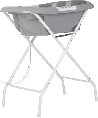 A baby bathtub with a stand, shown from a side-diagonal angle against a white background.