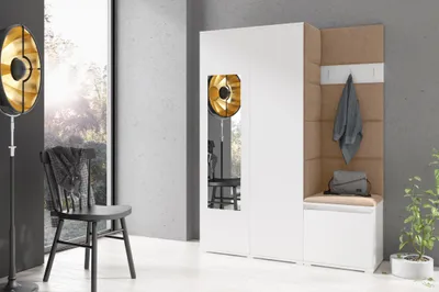 Produktbild von Garderoben-Set "Harry", Moderner Kleiderschrank mit Polsterplatten und Schuhschrank – Ideal für Flur und Eingangsbereich  (Weiß, Trinity 04)