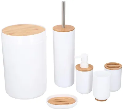 Produktbild von Badezimmer Set 6-teilig Alpina Bambus Toilettenzubehör Mülleimer Seifenspender