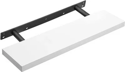 A white floating shelf with black metal brackets, shown from a diagonal angle against a white background.