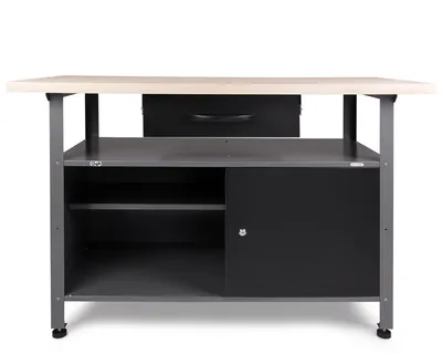 Produktbild von Werkbank Klaus 120x60x85 cm mit massiver Holz-Arbeitsplatte, Schubladenschrank und offener Ablagefläche