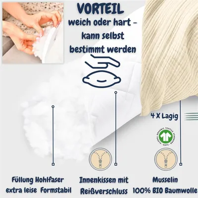 Produktbild von sei Design Stillkissen XXL 190x30 mit Musselin Bezug Seitenschläferkissen Schwangerschaftskissen Babynest Kuschelnest Musselin Natur