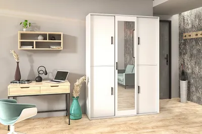 Produktbild von Garderobenschrank Vanessa III 150 cm Garderobe Schrank Spiegel Schlafzimmer Jugendzimmer (Farbe: weiß)