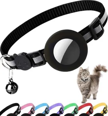 Produktbild von Katzenhalsband Airtag, Halsband Katze mit Air Tag Hülle(Schwarz) | Gps Tracker Katze,mit Sicherheitsverschluss & Airtag Schutzhülle & Glöckchen,geeignet für Katzen aller Größen,Leicht