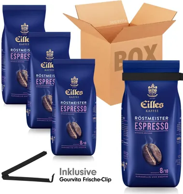 Produktbild von SPARBOX Eilles Kaffee Röstmeister Espresso + gratis Gourvita Frische-Clip, 4x1000g Bohnen