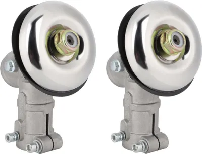 Two identical metal gearboxes for a string trimmer, shown against a white background.