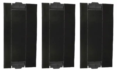 Three black activated carbon filters are arranged side-by-side against a white background.