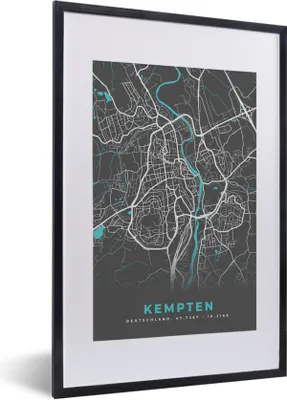 Produktbild von MuchoWow® Gerahmtes Poster Kempten - Stadtplan - Blau - Karte - Deutschland 40x60 cm - Poster mit Schwarzem Bilderrahmen Wandposter Rahmen Foto Bilder - Poster in Rahmen