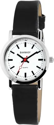 A close-up studio shot of a women's wristwatch with a black leather band and a white dial.
