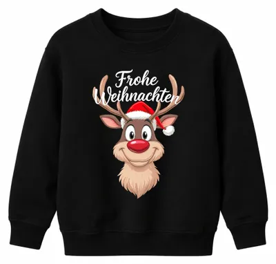 Imagen del producto de Feliz Navidad, reno Rudolf. Sudadera con cuello redondo, diseño divertido de reno con gorro de Navidad, uni, para niños. Color: negro. Talla: 128