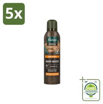 Immagine prodotto di 5 flaconi di schiuma doccia Kneipp Men, profumo Warm Woods, da 200 ml ciascuno. Confezione grande, 5 pezzi