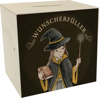 Produktbild von Wunscherfüller Spardose aus Holz mit Zauberschülerin in gelb