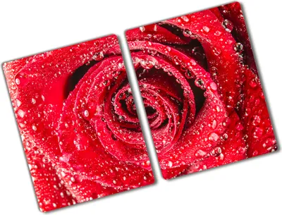 Produktbild von Tulup Glas Herdabdeckplatte - 2x40x52 cm - Glaskeramikkochfeld-Abdeckung Spritzschutz Glasabdeckplatte Kochplattenabdeckung und Schneidebrett - Zweiteilig - Blumen & Pflanzen - Wassertropfen Rose - Rot