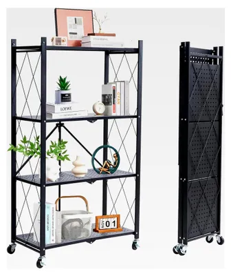 Produktbild von Klappbares Regal mit Rollen, 4 Etagen, Metallregal Schwarz, Lagerregal für Küche und Büro, 71 x 34 x 126 cm