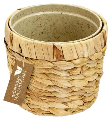 Produktbild von Geflochtener Blumentopf aus Wasserhyazinthe mit Pflanztopf aus nachhaltigen Materialien, Rund | 14 cm Durchmesser