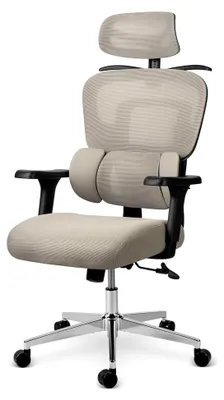 Produktbild von Ergonomischer Schreibtischstuhl - Höhenverstellbarer Drehstuhl mit Armlehnen und Kopfstütze - 360° Rollen - Mikronetz in Grau