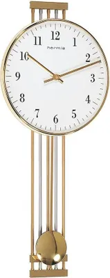 A pendulum clock with a gold-colored frame and pendulum.